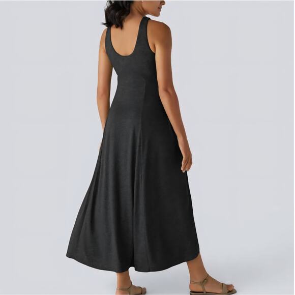 Halara U Neck Backless Split Flowy Maxi Casual Tank Dress sz XL black minimalist - Picture 9 of 10